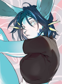 abstract_background anthro black_clothing black_topwear blue_body blue_hair blue_sclera breasts clothed clothing crop_top eyelashes female female_anthro hair multicolored_body pupils shirt simple_background solo topwear white_body white_eyes hudojishe lagomorph leporid mammal rabbit hi_res