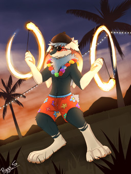 anthro arm_tuft barefoot big_ears black_body black_clothing black_ears black_fur black_hat black_headwear blue_hair bottomwear cheek_tuft chest_tuft clothed clothing elbow_tuft eyewear facial_tuft feet flower_necklace front_view fur gloves_(marking) grass hair hat headgear headwear jewelry knee_tuft leg_markings leg_tuft male markings mouth_closed necklace obscured_eyes outside palm_tree pattern_bottomwear pattern_clothing plant red_bottomwear red_clothing short_hair socks_(marking) solo standing striped_legs sunglasses sunset topless tree tuft white_body white_fur pache_riggs lagomorph leporid mammal rabbit 3:4 absurd_res full-length_portrait hi_res portrait signature