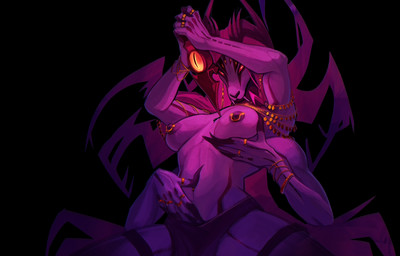 anthro blood bodily_fluids breasts claws dagger fangs female gold_(metal) gold_jewelry horn jewelry knife melee_weapon multi_arm multi_eye multi_limb nipple_piercing nipples piercing pose ritual solo teeth weapon idzanami meritrisse_(sem4ezzz) antelope bovid demon gazelle mammal succubus hi_res pinup