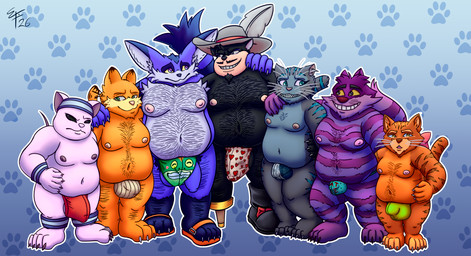 1_leg 3_toes 4_toes 5_fingers anthro areola arm_hair armpit_hair balls barefoot beard belly_hair biped black_body black_eyes black_fur black_sclera blue_body blue_clothing blue_eyes blue_fur blue_jockstrap blue_underwear body_hair boots bulge cheek_tuft chest_hair claws clothed clothing exercise_clothing facial_hair facial_tuft fangs feathers feet fingers flaccid fluffy fluffy_tail footwear foreskin frog_print front_view frustrated fur fur_markings genitals green_clothing green_eyes green_jockstrap green_underwear group hairless hairy hairy_legs hand_on_shoulder happy hat headgear headwear heart_clothing heart_pattern heart_symbol heart_underwear holding_shoulder hug hugging_another humanoid_genitalia humanoid_penis jockstrap jockstrap_only leather leather_boots leather_clothing leather_footwear looking_at_another male male/male markings moobs multicolored_body multicolored_fur musketeer mustache navel nipples obese obese_anthro obese_male one_leg orange_body orange_fur overweight overweight_anthro overweight_male partially_clothed pattern_background pattern_clothing pegleg penis pink_areola pink_nipples pink_nose pose prosthetic prosthetic_leg prosthetic_limb pubes purple_areola purple_body purple_claws purple_eyes purple_nipples purple_nose red_clothing red_jockstrap red_underwear ring_(marking) sandals shoes short_beard simple_background slightly_chubby slightly_chubby_anthro slightly_chubby_male smile striped_body striped_fur stripes tail teeth text thick_thighs toes topless tuft two_tone_body two_tone_fur uncomfortable underwear underwear_only white_body white_claws white_clothing white_fur white_jockstrap white_underwear white_with_red_hearts_underwear yellow_body yellow_fur yellow_sclera wynter_faver alice_in_wonderland disney dreamworks garfield_(series) goof_troop kid_vs._kat puss_in_boots_(franchise) sega shrek_(series) sonic_the_hedgehog_(series) the_three_musketeers_(disney) big_the_cat cheshire_cat cheshire_cat_(disney) garfield_the_cat mr._kat pete_(disney) peter_pete_sr. puss_in_boots_(dreamworks) alien cheshire_cat_(species) domestic_cat felid feline felis hairless_cat mammal sphynx_(cat) 2026 digital_drawing_(artwork) digital_media_(artwork) full-length_portrait hi_res portrait