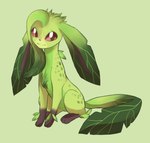 3_fingers 3_toes ambiguous_gender black_nose feet feral fingers fur green_background green_body green_fur pale_fur paws red_eyes simple_background sitting solo toes murzikteijiro nintendo pokemon eeveelution generation_4_pokemon leafeon pokemon_(species) absurd_res hi_res