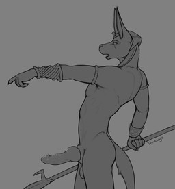 animal_genitalia anthro armband armlet armor athletic balls biped bracelet bracers butt claws clothing dialogue egyptian erection genitals gesture hand_gesture headdress headgear headwear holding_melee_weapon holding_object holding_polearm holding_spear holding_staff holding_weapon jewelry knot looking_aside male melee_weapon nude penis pointing polearm side_view simple_background solo spear staff standing text weapon tenecayr_(artist) egyptian_mythology middle_eastern_mythology mythology anubis anubian_jackal canid canine canis deity jackal mammal 2021 digital_drawing_(artwork) digital_media_(artwork) english_text greyscale hi_res monochrome portrait signature sketch three-quarter_portrait