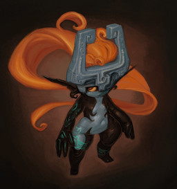 black_body black_ears black_skin blue_body blue_markings blue_skin breasts brown_background female fused_shadow grey_helmet hair high-angle_view humanoid_pointy_ears looking_up markings multicolored_body navel not_furry orange_hair pointy_ears red_eyes simple_background small_breasts solo two_tone_body yellow_sclera decisivetang nintendo the_legend_of_zelda twilight_princess midna humanoid imp twili 2024 colored digital_media_(artwork) hi_res shaded
