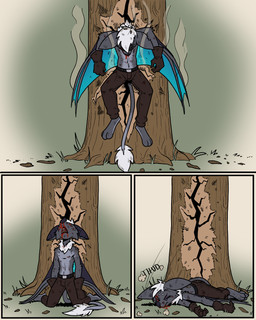anthro blood blood_on_face blue_wings bodily_fluids clothing defeat defeated fainted fainting fur gloves grey_body grey_fur hair handwear male onomatopoeia plant slipping smoke solo sound_effects text tree unconscious white_hair wings wood 60percentscalie vauruk bat mammal 4:5 comic hi_res