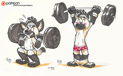 anthro bared_teeth black_hair black_nose blush crouching duo exercise fur gloves_(marking) hair leg_markings logo male markings mouth_closed patreon_logo short_hair socks_(marking) spotted_arms spotted_legs standing tan_body tan_fur teeth text tongue tongue_out weightlifting white_body white_fur workout young young_anthro young_male pandapaco patreon hyena mammal 2018 artist_logo dated signature url