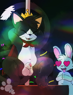 anthro bodily_fluids cape clothing crown cum cum_drip dripping duo genital_fluids headgear heart_oculama heart_symbol male pole stripper_pole sweat gil_softpaws celtic_mythology european_mythology final_fantasy final_fantasy_vii mythology square_enix cait_sith_(ff7) reiku_(snowrabbitreiku) cat-sith felid lagomorph leporid mammal rabbit hi_res