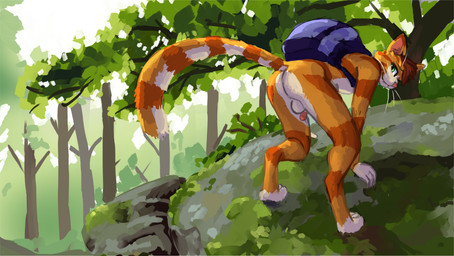 all_fours anthro backpack backpack_only backsack balls butt feet fingers flaccid florest fur genitals hair hiking humanoid_genitalia humanoid_penis looking_at_viewer looking_back male nude outdoor_nudity outside penis plant smile solo tail toes tree whiskers tazal tazal_(character) domestic_cat felid feline felis mammal absurd_res digital_media_(artwork) hi_res