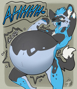 abdominal_bulge belly big_belly breath digestion digestion_noises half-closed_eyes huge_belly male narrowed_eyes open_mouth oral_vore panting rumbling_stomach same_size_vore solo tongue tongue_out vore arkailart african_wild_dog canid canine mammal absurd_res hi_res