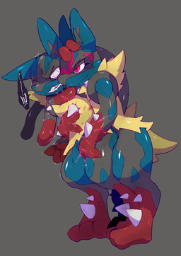 3_fingers 3_toes anthro aura black_body black_fur black_inner_ear blue_body blue_ears blue_fur bodily_fluids bound bound_neck clenched_teeth duo emanata exclamation_point facial_markings feet fingers fist fondling forced forced_groping fur fur_markings genital_fluids gloves_(marking) grey_background grope groping_chest groping_crotch hand_between_legs hand_on_chest hand_on_head head_markings hug hugging_another hugging_from_behind leg_markings male markings mask_(marking) one_eye_closed red_aura red_body red_eyes red_fur red_markings sexual_assault simple_background smile smirk smirking_at_partner smug_face smug_grin socks_(marking) sparks speech_bubble spikes spikes_(anatomy) squirming teeth teeth_showing toes white_eyes wounded yellow_body yellow_fur jinnosound nintendo pokemon canid canine canis generation_4_pokemon generation_6_pokemon lucario mammal mega_evolution mega_lucario pokemon_(species) full-length_portrait hi_res portrait