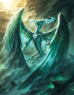 anthro cloud feathered_wings feathers fog glowing glowing_wings green_body horn male outside sitting sun tail tongue tongue_out wings raymond_swanland hasbro magic:_the_gathering mythology wizards_of_the_coast ugin dragon mythological_creature mythological_scalie scalie 2015 hi_res official_art