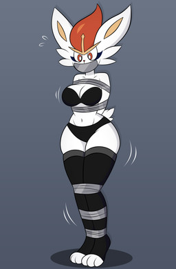 anthro bdsm big_breasts black_bra black_clothing black_legwear black_panties black_thigh_highs black_underwear bondage bound bra breasts cleavage clothed clothing female front_view gag legwear panties solo standing tape tape_bondage tape_gag thigh_highs underwear underwear_only wide_hips superbage nintendo pokemon cinderace generation_8_pokemon pokemon_(species) absurd_res hi_res