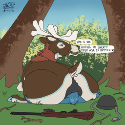 ambiguous_gender anal anal_penetration animal_genitalia anthro anthro_on_feral antlers anus anus_focus armor asphyxiation bestiality big_anus big_butt blue_accents blue_body blue_eyes blue_fur blue_stripe blush bodily_fluids body_worship brown_body brown_fur bubble_butt butt butt_crush butt_focus butt_grab butt_smother butt_sniffing butt_squish butt_worship clothing countershade_butt countershading day deep_rimming detailed_background dialogue dominant dominant_feral dominant_male drooling duo face_in_ass facesitting feral fluffy forced forced_rimming forest from_behind_position fur fur_tuft genitals glistening glistening_genitalia grass gun half-closed_eyes hand_on_butt head_between_buttocks headgear headwear heart_symbol helmet helpless hooves horn huge_anus huge_butt immobilization interspecies larger_dom larger_feral larger_male logo looking_at_another looking_at_partner looking_back looking_back_at_another looking_down looking_pleasured lying male male/ambiguous male_on_bottom markings mount multicolored_body multicolored_fur musk musky_butt narrowed_eyes nature nature_background neck_tuft nose_to_anus nub_tail nude on_back on_bottom on_front on_ground on_top open_mouth oral outside outside_sex overweight overweight_feral penetration pinned pinned_to_ground plant presenting presenting_anus presenting_hindquarters puckered_anus puffy_anus quadruped raised_tail ranged_weapon rear_view red_body red_fur rifle rimming saliva seductive sex short_tail shrub simple_background sitting sitting_on_another size_difference smaller_ambiguous smaller_male smelly smelly_anus smelly_butt smile smothering sniffing snout_fuck solo_focus speech_bubble spread_anus spread_butt spreading squeezing squish submissive submissive_ambiguous submissive_male sweat sweatdrop sweaty_anus sweaty_butt sweaty_genitalia tail tail_markings tail_tuft talking_feral talking_to_another tan_body tan_fur teasing text thick_thighs tongue tongue_out trapped tree tuft tufted_fur weapon wide_hips wood zaverose zav avian bear bird canid canine canis cervine deer mammal new_world_deer white-tailed_deer 1:1 absurd_res artist_logo colored digital_drawing_(artwork) digital_media_(artwork) english_text flat_colors hi_res signature watermark