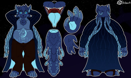 anthro blue_body clothing coat male mouth_shot open_mouth runes slightly_chubby solo spiral spiral_eyes tentacles topwear trenchcoat vvitchpunk ku'rei canid canine eldritch_being mammal 5:3 hi_res model_sheet