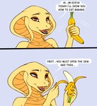 anthro banana dialogue eyebrows eyelashes eyeshadow fangs female food fruit looking_at_viewer makeup open_mouth plant red_eyes scales simple_background smile snake_hood solo speech_bubble teeth text yellow_body yellow_scales yellow_skin mashakseh keeva reptile scalie snake comic english_text hi_res