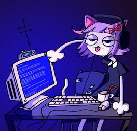 accessory antenna_wire anthro bendy_straw black_clothing black_dress black_eyes black_nose blue_screen_of_death bow_ribbon breasts chair claw_marks claws clothed clothing computer computer_keyboard computer_monitor computer_mouse container cup dipstick_tail dress drinking_straw electronics female fur furniture gloves_(marking) hair hair_accessory hair_bow hair_ribbon headphones keyboard markings monitor multicolored_body multicolored_fur purple_body purple_fur purple_hair purple_tail ribbons simple_background solo table tail tail_markings tongue tongue_out white_body white_fur fax_max vkontakte masyunya_(vkontakte) domestic_cat felid feline felis mammal 2022 hi_res