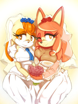 anthro armwear big_breasts breast_squish breasts brown_body brown_eyes brown_hair cleavage clothed clothing detached_sleeves dress duo eyelashes female flower gloves hair handwear hankerchief head_tuft hug long_ears long_hair looking_at_viewer mature_anthro mature_female narrowed_eyes one_eye_closed overweight overweight_anthro overweight_female plant smile smiling_at_viewer squish tan_body translucent translucent_clothing tuft wedding_dress wide_hips chiridaigo sega sonic_the_hedgehog_(series) the_murder_of_sonic_the_hedgehog conductor's_wife_(sonic) vanilla_the_rabbit canid canine canis domestic_dog lagomorph leporid mammal rabbit 3:4 absurd_res hi_res