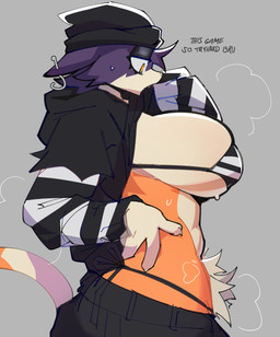 anthro big_breasts bikini black_bottomwear black_clothing black_hat black_headwear black_hoodie black_pants black_topwear bodily_fluids bottomwear breasts cheek_tuft clothed clothing crotch_tuft ear_piercing eyelashes facial_tuft female fur glistening_eyelids hat headgear headwear hoodie orange_body orange_fur pants pattern_bikini pattern_clothing pattern_swimwear piercing purple_body purple_fur raised_clothing raised_hoodie raised_topwear solo striped_bikini striped_clothing striped_swimwear stripes sweat swimwear tan_body tan_fur text thong_straps topwear tuft two-piece_swimsuit yellow_eyes seaphod epic_games fortnite meow_skulls domestic_cat felid feline felis mammal hi_res