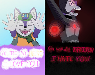 age_difference angry anthro arm_cannon armor black_background blue_background clothed clothed_anthro clothed_female clothing eyes_closed female gesture glowing green_scarf hand_gesture happy hat headgear headwear older_female orange_clothing orange_shirt orange_topwear pointing pointing_at_viewer purple_body reaching reaching_out reaching_towards_viewer reaching_up red_glow scarf science_fiction shirt simple_background smile solo teeth text topwear young young_anthro young_female younger_female younger_self therealmessyroomguy1 canid canine canis mammal wolf absurd_res hi_res