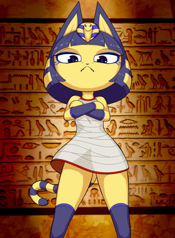 anthro blue_hair bob_cut chibi clothed clothing crossed_arms dancing egyptian female fur hair looking_at_viewer makeup solo uraeus yellow_body yellow_fur zombot_art animal_crossing ankha_zone nintendo ankha_(animal_crossing) domestic_cat felid feline felis mammal hi_res meme
