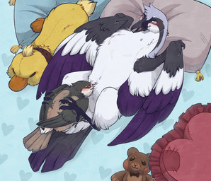 ambiguous/ambiguous ambiguous_gender avian_feet beak beak_in_cloaca blush brown_body claws collar duo eyes_closed feathers feral holding_another holding_with_foot open_beak open_mouth orgasm pillow plushie size_difference tail tail_feathers white_body wing_claws wings h_havik birdie_(canadabirdie) birdpathy avian bird black-capped_chickadee chickadee great_grey_shrike oscine passerine tit_(bird) absurd_res hi_res