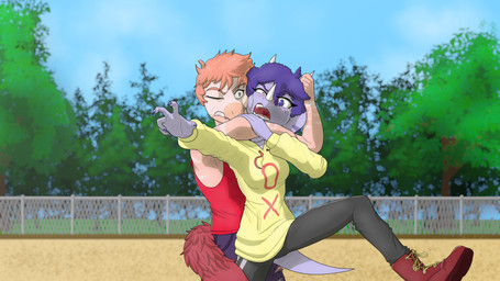 angry anthro biped black_bottomwear black_clothing black_pants boots bottomwear breasts chokehold clothed clothed_anthro clothed_female clothed_male clothing cloud day duo facial_horn feathered_tail feathers female fence fight fingers footwear frill_(anatomy) hair hoodie horn horn_grab humanoid_hands looking_at_another male medium_breasts off_balance open_mouth outside pants pink_body pink_hair plant purple_body purple_eyes purple_hair reaching_towards_viewer red_body red_boots red_clothing red_feathers red_footwear red_shirt red_tank_top red_topwear shirt shoes short_hair sky standing tail tank_top topwear tree yellow_clothing yellow_hoodie yellow_topwear areloch cavemanon_studios goodbye_volcano_high ko_op_(game_developer) snoot_game reed_(gvh) trish_(gvh) ceratopsian ceratopsid chasmosaurine dinosaur dromaeosaurid marginocephalian ornithischian prehistoric_species reptile saurischian scalie theropod triceratops velociraptor 16:9 colored hi_res shaded widescreen