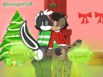 anthro anus balls black_body bottomless brown_body chimney christmas_clothing christmas_tree clothed clothing duo eyes_closed fart fart_cloud fart_fetish farting_together genitals gift hair holidays kissing male male/male male_farting markings mistletoe mohawk plant romantic romantic_couple spots spotted_body stink_fumes striped_head striped_markings striped_tail stripes sweater tail tail_markings topwear touching_butt tree white_hair supersonicparty18 christmas sega sonic_the_hedgehog_(series) fan_character howard_(supersonicparty18) simon_(supersonicparty18) mammal mephitid skunk