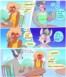 5_fingers 5_panel_comic anthro beverage black_eyebrows black_nose black_text blush blush_lines bodily_fluids chair cheek_tuft clothed clothing container crossdressing crossdressing_male cup detailed_background dialogue dress duo embarrassed eyebrows facial_tuft femboy fingers fur furniture glass glass_container glass_cup hair holding_beverage holding_object looking_at_another looking_away male muscular muscular_male nervous nervous_smile nervous_sweat on_chair open_mouth pattern_clothing pattern_dress restaurant shirt sitting sitting_at_table sitting_on_chair speech_bubble spilled_drink sweat table tank_top text text_box text_on_clothing text_on_shirt text_on_tank_top text_on_topwear topwear tuft yellow_clothing yellow_dress heresvix dani_(heresvix) henri_(heresvix) bovid canid canine canis caprine mammal sheep wolf 2025 comic english_text hi_res