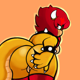 anthro big_butt bracelet breasts butt claws clothing collar crossgender eyelashes female genitals hair hand_on_butt horn jewelry legwear looking_at_viewer looking_back looking_back_at_viewer nipples non-mammal_breasts non-mammal_nipples orange_background rear_view red_clothing red_eyes red_hair red_legwear red_thigh_highs scales simple_background smile solo spiked_bracelet spiked_collar spikes spread_butt spreading tan_body tan_scales thick_thighs thigh_highs ventral_scales vulva white_claws white_horn wide_hips yellow_body yellow_scales heyomaerow mario_bros nintendo bowser koopa scalie 1:1 hi_res