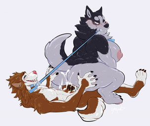 anthro big_breasts black_body black_fur blue_eyes blush bodily_fluids breasts brown_body brown_fur butt collar cum cum_in_vagina cum_inside dominant dominant_female duo female fur genital_fluids genitals grey_body grey_fur leash leash_pull looking_pleasured male male/female multicolored_body multicolored_fur nipples on_bottom on_top penetration penis reverse_cowgirl_position sex slightly_chubby submissive submissive_male two_tone_body two_tone_fur vaginal vaginal_penetration white_body white_fur yogoat canid canine canis domestic_dog mammal
