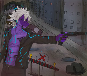 abs anthro blood blue_markings bodily_fluids building car city city_background clothing coat gun hair hoodie male markings pecs purple_body ranged_weapon solo topwear vehicle weapon white_hair wounded nuttygoat mythology grydir_dacanoor_(griffonki) dragon mythological_creature mythological_scalie scalie hi_res