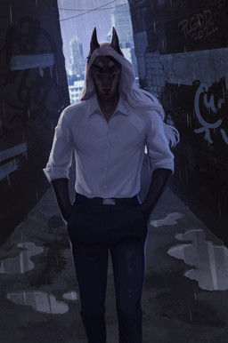 anthro black_nose clothed clothing hair looking_at_viewer male raining solo white_hair plgdd canid canine canis domestic_dog mammal 2022 digital_media_(artwork) hi_res