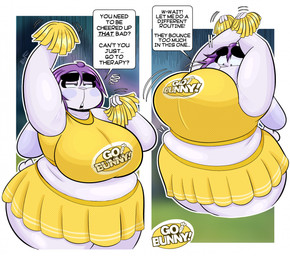 anthro belly big_belly big_breasts bouncing_breasts breasts cheerleader_outfit female fur hair overweight overweight_anthro overweight_female purple_hair solo text thick_thighs white_body white_fur blitzyflair arianne_(blitzyflair) lagomorph leporid mammal rabbit 2026 english_text hi_res