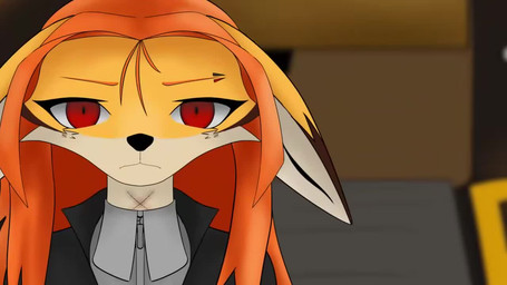 anthro clothed clothing ears_down eyebrow_piercing facial_piercing female front_view hair looking_at_viewer orange_body piercing pivoted_ears red_eyes red_hair scared solo narezka sound_warning danganronpa mattel spike_chunsoft thomas_and_friends naria_(narezka) canid canine fox mammal 16:9 animated meme short_playtime sound video widescreen