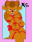 anthro bdsm blush bodily_fluids bondage bound bow_(feature) breasts embarrassed female harness natural_breasts ribbon_bondage ribbons solo sweat wide_hips xoti_(artist) disney talespin rebecca_cunningham bear mammal hi_res