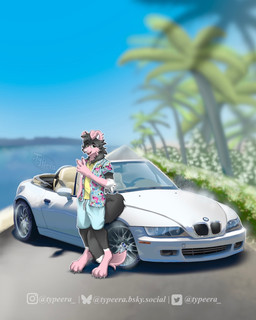 aloha_shirt anthro black_body black_fur blurred_background bmw_z3 bottomwear car clothing fur gesture hand_gesture male multicolored_body multicolored_fur neck_tuft palm_tree pattern_clothing pattern_shirt pattern_topwear pink_body pink_fur plant shirt shorts smile solo topwear tree tuft v_sign vehicle typeera bmw canid canine canis domestic_dog mammal hi_res