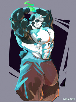 anthro barazoku big_bulge big_muscles big_nipples big_pecs black_body black_fur blue_light bottomwear brown_bottomwear brown_clothing brown_pants bulge clothed clothing curly_hair fur grin hair huge_bulge huge_muscles huge_pecs male male_anthro muscular muscular_anthro muscular_male nipples pants pecs raised_arms smile solo stretching stretching_arms text topless topless_anthro topless_male white_body white_fur melaisen alvin_(melaisen) bear giant_panda mammal 2022 absurd_res artist_name digital_media_(artwork) digital_painting_(artwork) hi_res painting_(artwork) portrait three-quarter_portrait