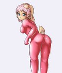 anthro blue_eyes breasts butt butt_pose clothed clothing eyebrows eyelashes female hair latex latex_clothing latex_skinsuit pink_hair pose rubber_clothing simple_background skinsuit solo tight_clothing alasou lagomorph leporid mammal rabbit 2021 digital_media_(artwork) hi_res