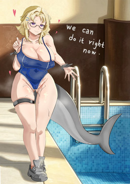 big_breasts blonde_hair bodily_fluids breasts clothing eyewear female glasses hair huge_breasts one-piece_swimsuit shark_tail solo sweat sweaty_legs sweaty_thighs swimming_pool swimwear text thick_thighs wearing_glasses r1chard07 lira_(r1chard07) humanoid absurd_res english_text hi_res