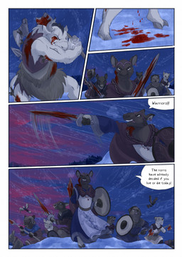 anthro arrow_(weapon) axe biped blood blood_on_weapon bodily_fluids brown_body brown_fur clenched_teeth clothed clothing dialogue eye_wound female feral fight fur gore group horn male melee_weapon motion_lines night outside ranged_weapon snow snowing speech_bubble sword teeth weapon white_body white_fur wind wound_on_face wounded bjekkergauken mythology hjordis the_weapon_thief aurochs avian bird bovid bovine canid canine canis deer mammal moose new_world_deer recently_extinct_species wolf 2025 colored comic hi_res
