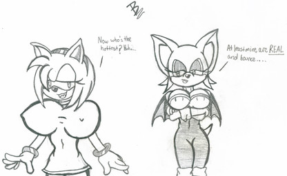 anthro big_breasts breast_envy breasts clothing drunk duo female gloves half-closed_eyes handwear huge_breasts membrane_(anatomy) membranous_wings narrowed_eyes substance_intoxication text thick_thighs wide_hips wings beac sega sonic_the_hedgehog_(series) amy_rose rouge_the_bat bat eulipotyphlan hedgehog mammal english_text