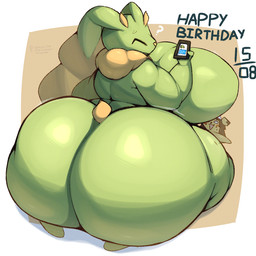 anthro big_breasts big_butt big_ears birthday breasts butt curvy_figure duo electronics female fusion green_body high-angle_view huge_breasts huge_butt hyper hyper_butt kneeling male message phone pokemon_fusion profanity question_mark short_tail slightly_chubby slightly_chubby_anthro slightly_chubby_female tail thick_thighs voluptuous voluptuous_anthro voluptuous_female lightmizano nintendo pokemon pichu-kun_(character) generation_3_pokemon generation_4_pokemon gulpin lagomorph leporid lopunny mammal pokemon_(species) rabbit 1:1 hi_res shaded signature