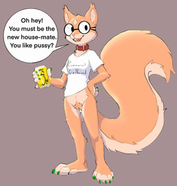 5_fingers 5_toes after_sex after_vaginal anthro arm_tuft barefoot beverage beverage_can big_tail biped black_text bodily_fluids bottomless bottomless_anthro bottomless_female braces brown_background buckteeth can casual_exposure claws clothed clothed_anthro clothed_female clothing collar container countershade_face countershade_fur countershade_neck countershade_tail countershade_torso countershading cum cum_drip cum_from_vagina cum_in_vagina cum_inside dripping ear_tuft elbow_tuft explicit_text eyebrows eyewear facial_markings feet female female_anthro finger_claws fingerless_(marking) fingers flat_chested forehead_markings front_view fur genital_fluids genitals glasses green_claws head_markings holding_beverage holding_can holding_container holding_object innie_vulva long_tail markings multicolored_body multicolored_fur offering_sex open_mouth open_smile orange_body orange_fur orange_tuft pink_nose plantigrade pubes red_collar round_glasses shirt simple_background slim slim_anthro slim_female smile smiling_at_viewer speech_bubble standing t-shirt tail talking_to_viewer tan_body tan_countershading tan_eyebrows tan_fingers tan_fur tan_inner_ear tan_markings tan_toes teeth text text_on_clothing text_on_shirt text_on_t-shirt text_on_topwear toe_claws toeless_(marking) toes topwear tuft two_tone_body two_tone_fur vulva wearing_glasses white_clothing white_shirt white_t-shirt white_topwear bedtime_buck sally_(bedtime_buck) mammal rodent sciurid tree_squirrel english_text full-length_portrait hi_res portrait