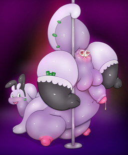 almost_fully_inside anal anal_vore anus areola big_breasts breasts bunny_costume clothing costume feral genitals gynomorph huge_breasts humanoid_genitalia humanoid_penis intersex looking_at_viewer nipples partially_inside penis pink_areola pink_nipples pole puffy_anus size_difference solo stripper_pole tail tongue tongue_out vore bboing nintendo pokemon generation_6_pokemon goodra pokemon_(species) absurd_res hi_res