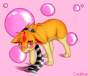 abstract_background ambiguous_gender black_stripes blush bubble clothing feral fur gem open_mouth orange_body orange_fur pattern_clothing pattern_scarf pink_background red_eyes scarf simple_background sky solo striped_clothing striped_scarf stripes tan_body tan_fur white_body white_fur white_stripes candyfoxy nintendo pokemon jet_(gojithefox) generation_2_pokemon hybrid pokemon_(species) quilava 2015 digital_media_(artwork) full-length_portrait portrait shaded