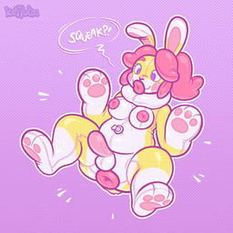 anthro anus balls breasts dialogue genitals glistening glistening_body gynomorph hair implied_transformation inflatable intersex nipples nozzle_on_belly nude pawpads penis pink_background pink_hair purple_eyes seam_(sewing) simple_background smile solo tail text white_body yellow_body keffotin soleil_(keffotin) animate_inanimate lagomorph leporid living_inflatable mammal rabbit 1:1 2020 digital_media_(artwork) english_text hi_res trans_(lore) trans_woman_(lore)