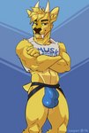 american_football anthro big_bulge brown_eyes bulge clothing crop_top crossed_arms detailed_bulge fangs fur horn jockstrap male muscular muscular_male shirt solo sport teeth text text_on_clothing text_on_topwear topwear underwear yellow_body yellow_fur casparr dj_strap cervine deer mammal muntjac absurd_res hi_res