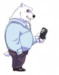 anthro black_nose bottomwear clothing electronics fur humanoid_hands male overweight overweight_anthro overweight_male pants phone shirt simple_background solo teeth topwear white_background white_body white_fur leo_zeke aggretsuko sanrio shirota_(aggretsuko) bear mammal polar_bear ursine 2019 hi_res