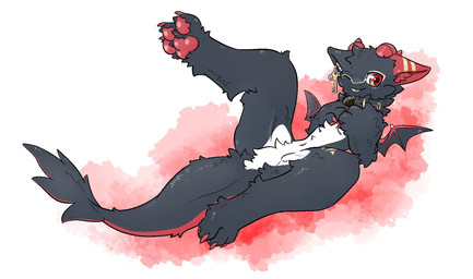 2_horns 3_toes ambiguous_gender anthro belly biped black_body black_fur cheek_tuft countershade_fur countershading ear_piercing ear_ring facial_tuft feet fluffy fur hand_on_chest horn inner_ear_fluff jewelry key markings membrane_(anatomy) membranous_wings mostly_nude_ambiguous mostly_nude_anthro necklace one_eye_closed open_mouth open_smile pawpads paws piercing red_eyes red_horn red_markings red_pawpads ring_piercing simple_background skinny_ambiguous skinny_anthro small_wings smile solo tail tail_tuft toes tuft white_belly white_markings white_sclera wings gagaga_ram mythology dragon furred_dragon furred_scalie mythological_creature mythological_scalie scalie digital_drawing_(artwork) digital_media_(artwork) hi_res korean_description