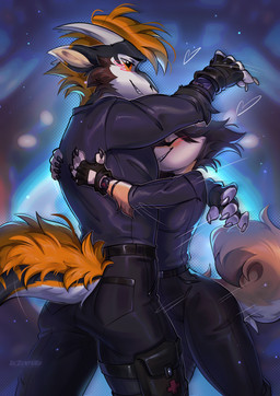 5_fingers anthro biped black_hair blush bottomwear breasts butt claws clothed clothed_anthro clothed_female clothed_male clothing duo eyes_closed female finger_claws fingers fully_clothed fully_clothed_anthro fully_clothed_female fully_clothed_male fur gloves hair handwear hug male orange_body orange_eyes orange_fur pants shirt side_view teeth topwear tlt_echelon mythology ash_(tlt_echelon) christian_(shuffl3) canid canine canis domestic_dog dragon mammal mythological_creature mythological_scalie scalie 2025 digital_drawing_(artwork) digital_media_(artwork) hi_res