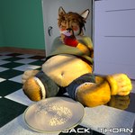 3d_background anthro appliance belly big_belly bottomwear chest_tuft clothed clothing clothing_lift crumbs denim denim_bottomwear denim_clothing denim_shorts dish eating eyes_closed eyewear fingerless_gloves fridge glasses gloves hair handwear kitchen_appliance male navel overweight reflective_floor shirt shirt_lift shorts sitting sitting_on_ground solo stuffing tail text topwear tuft young young_anthro young_male jackthorn jackal_pawpad canid canine canis jackal mammal 1:1 2014 3d_(artwork) digital_media_(artwork) signature